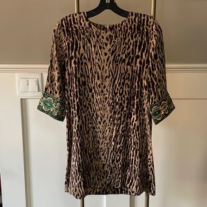 Silk leopard print mini dress with tapestry green 3/4 sleeve. Size small.